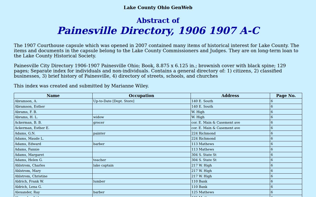 Lake County city directory 1906 Painesville transcription