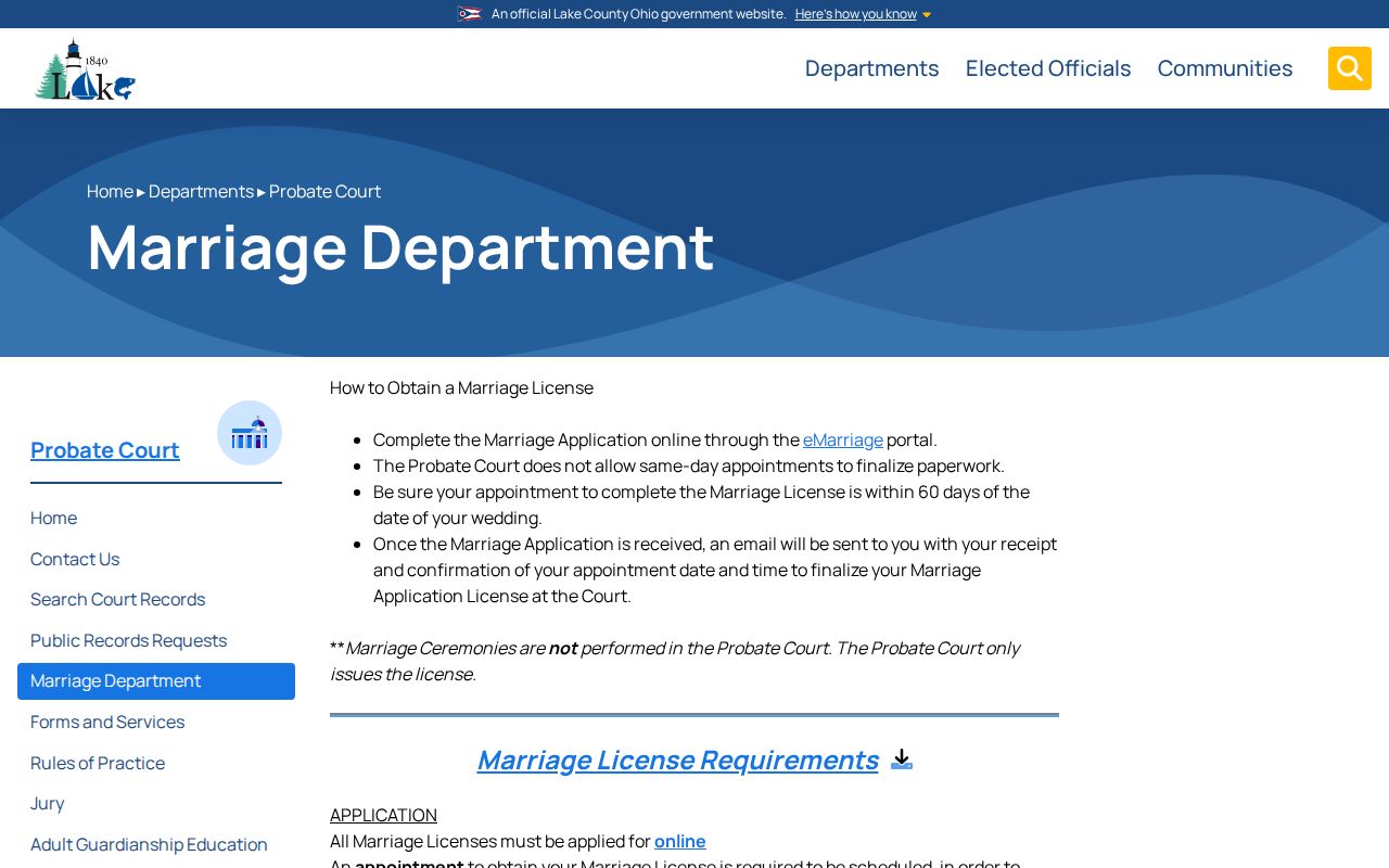 Lake County previous residents Probate Court marriage records