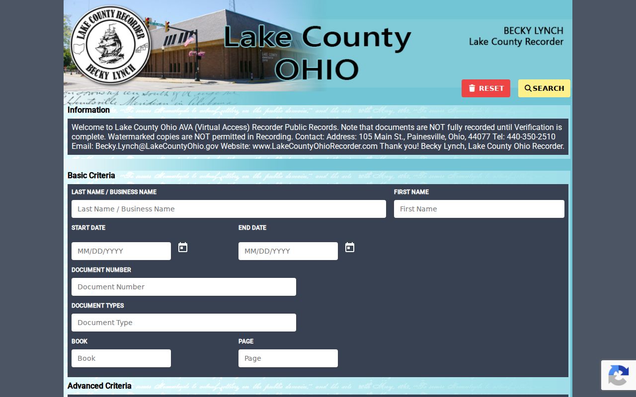 Lake County resident lookup Recorder AVA property and party search